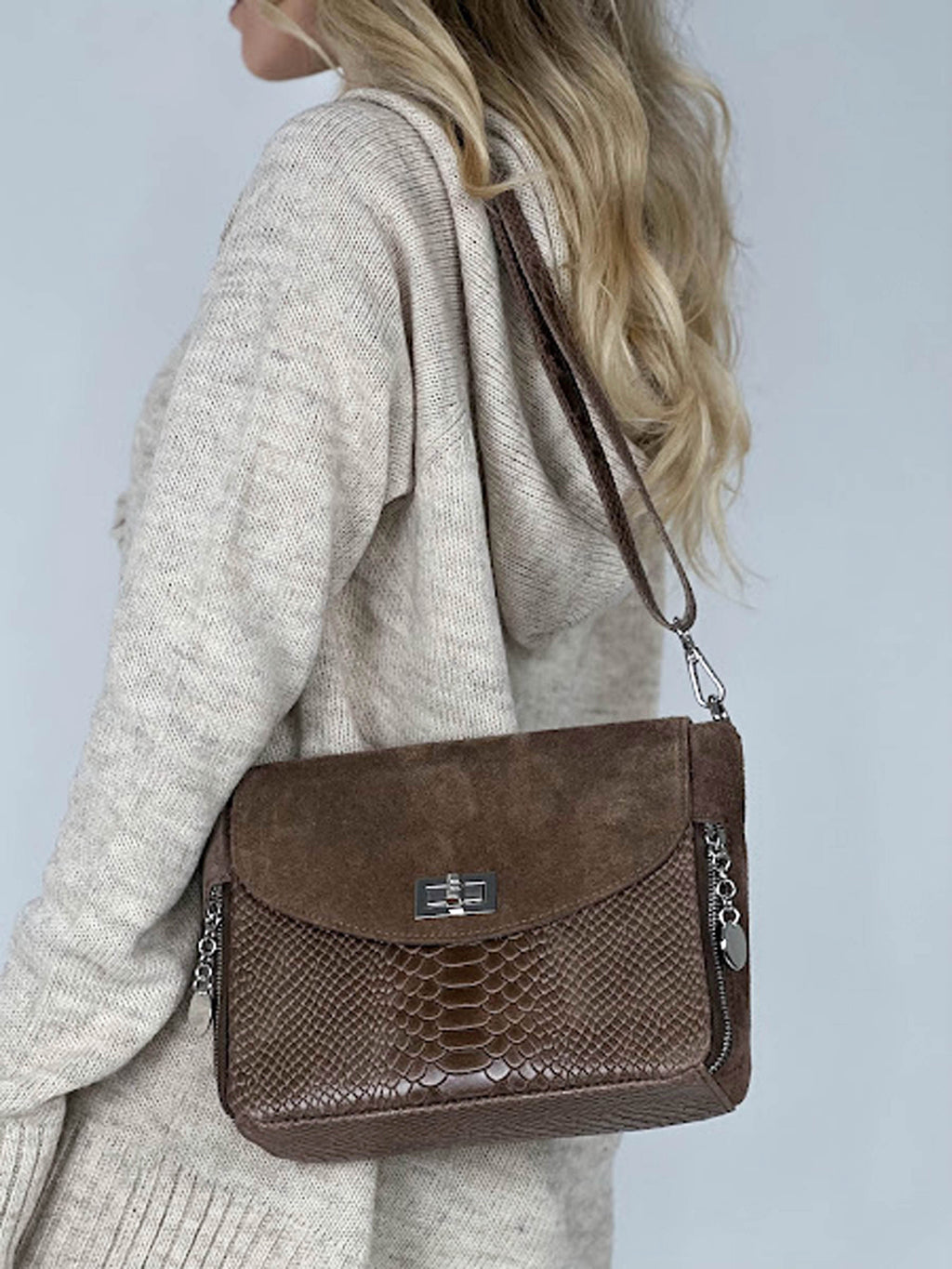 Bandolera de piel italiana Gris, Marrón 6255-104-48