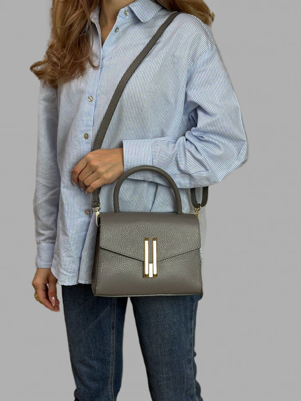 Bolso de mano de piel italiana Gris, Beige 9025-98-32