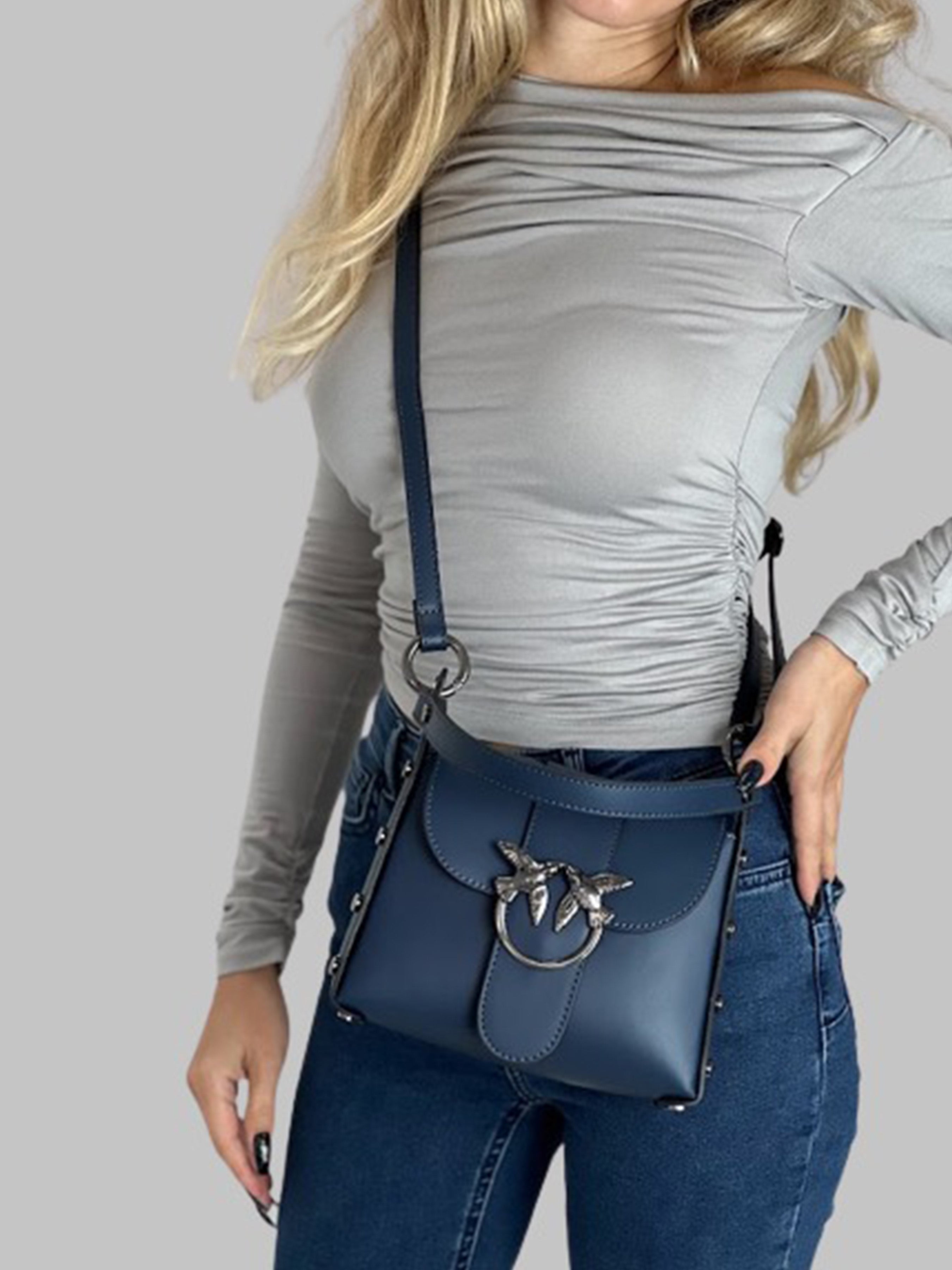 Bolso de hombro de piel italiana Azul 1714-56-31