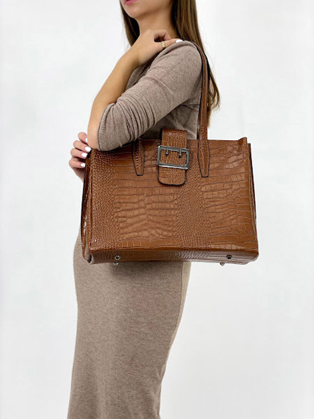 Bolso de mano de piel italiana Accordy Marrón