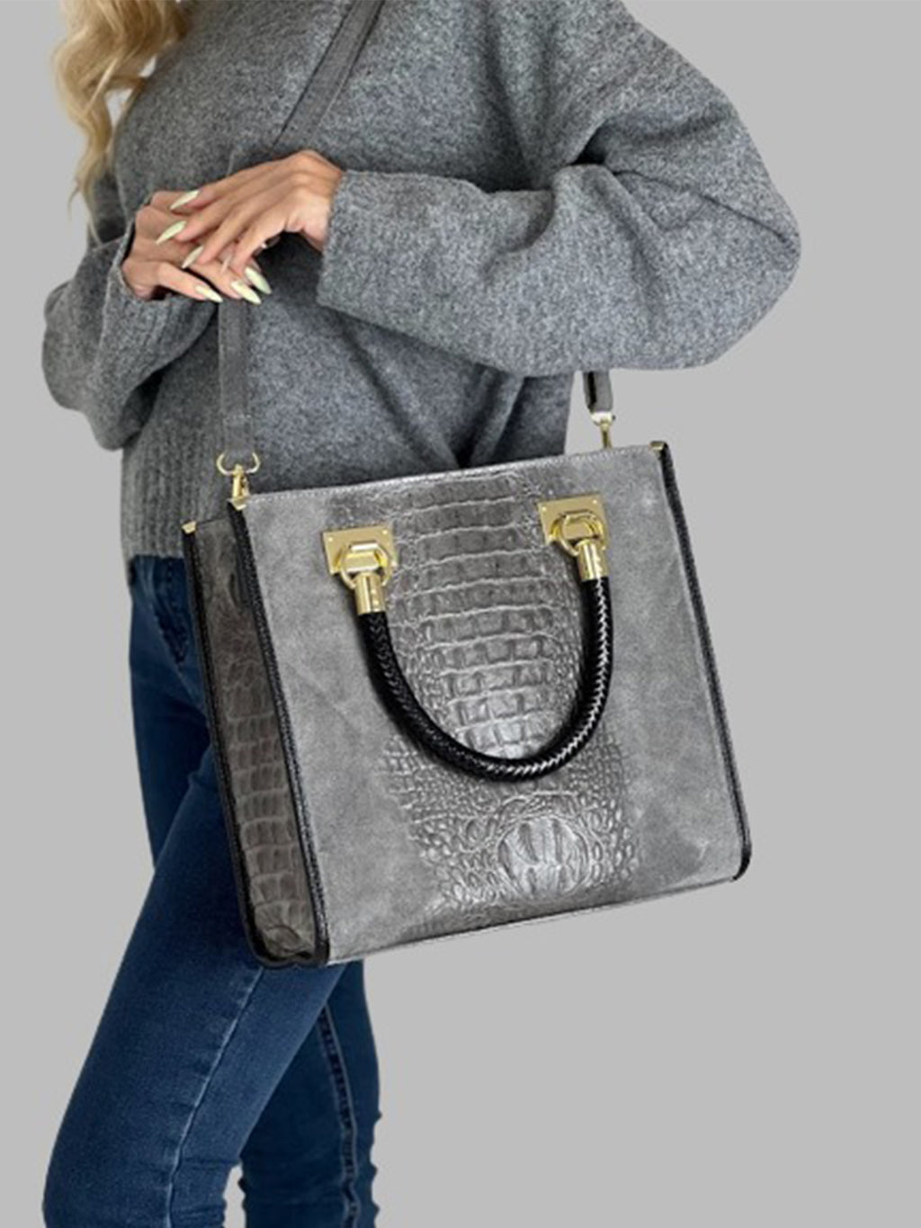 Bolso Tote de piel italiana Gris 8560-27-36
