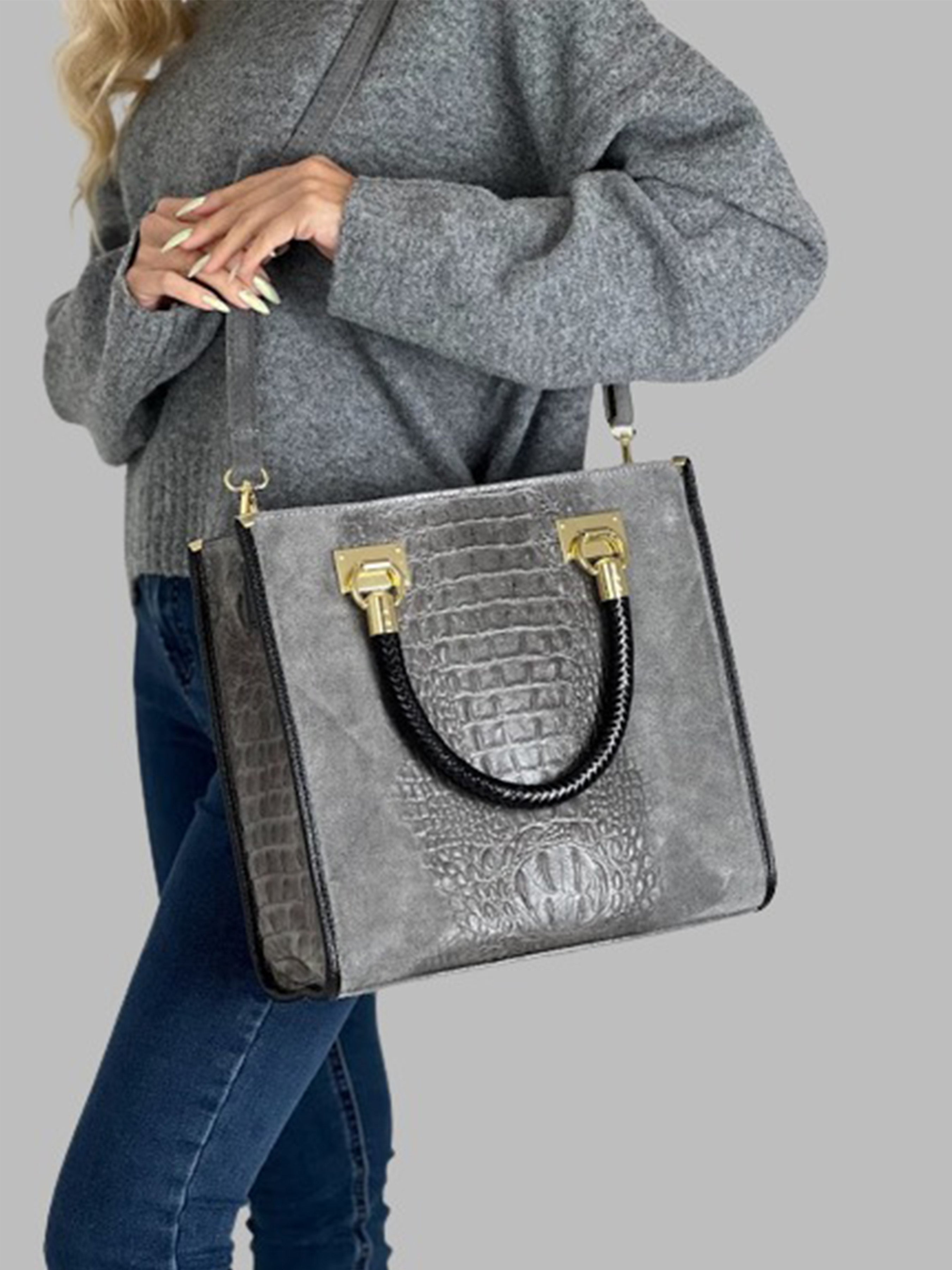 Bolso Tote de piel italiana Gris 8560-27-36