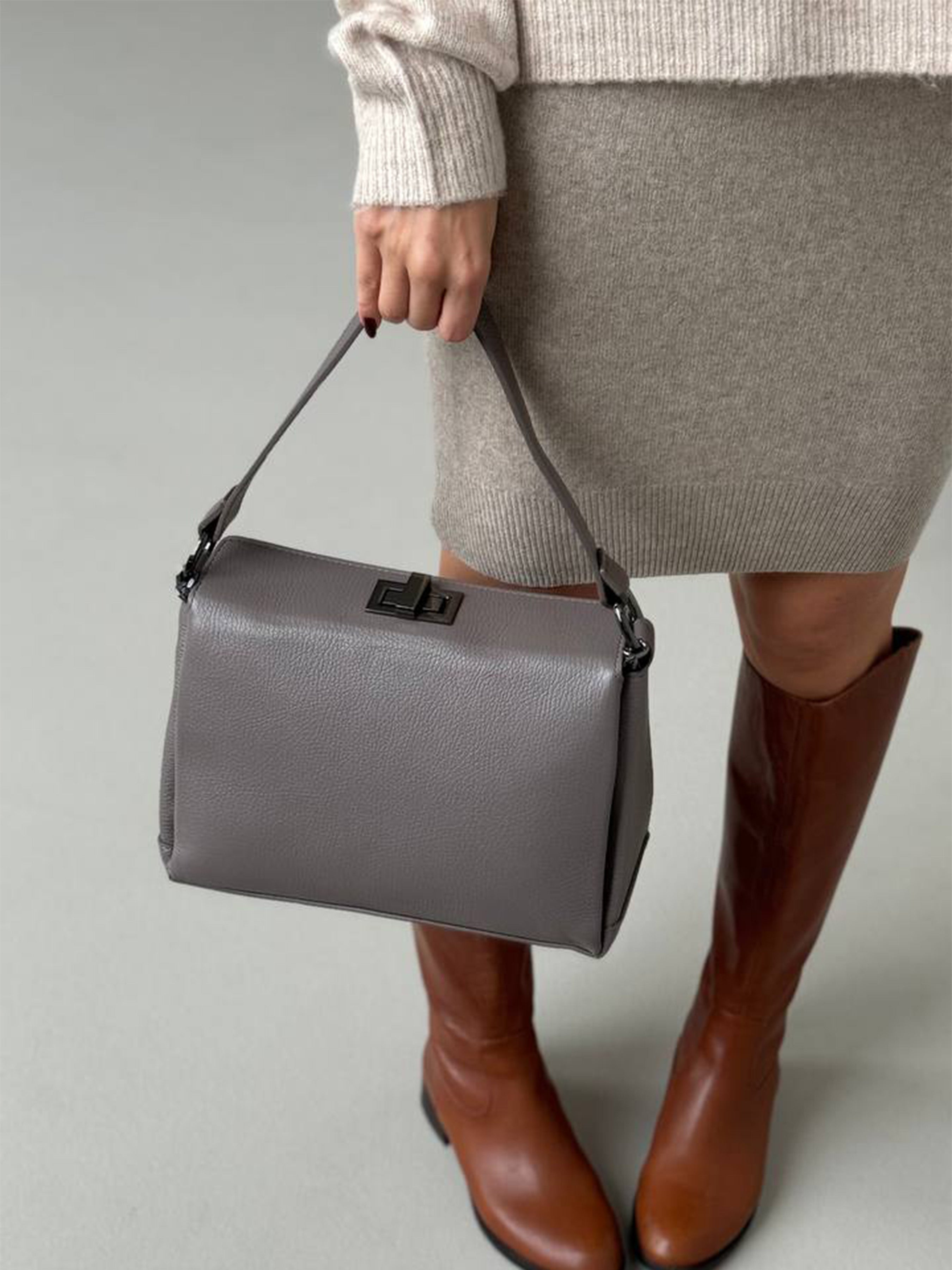 Bolso de hombro de piel italiana Gris, Beige 6336-98-32