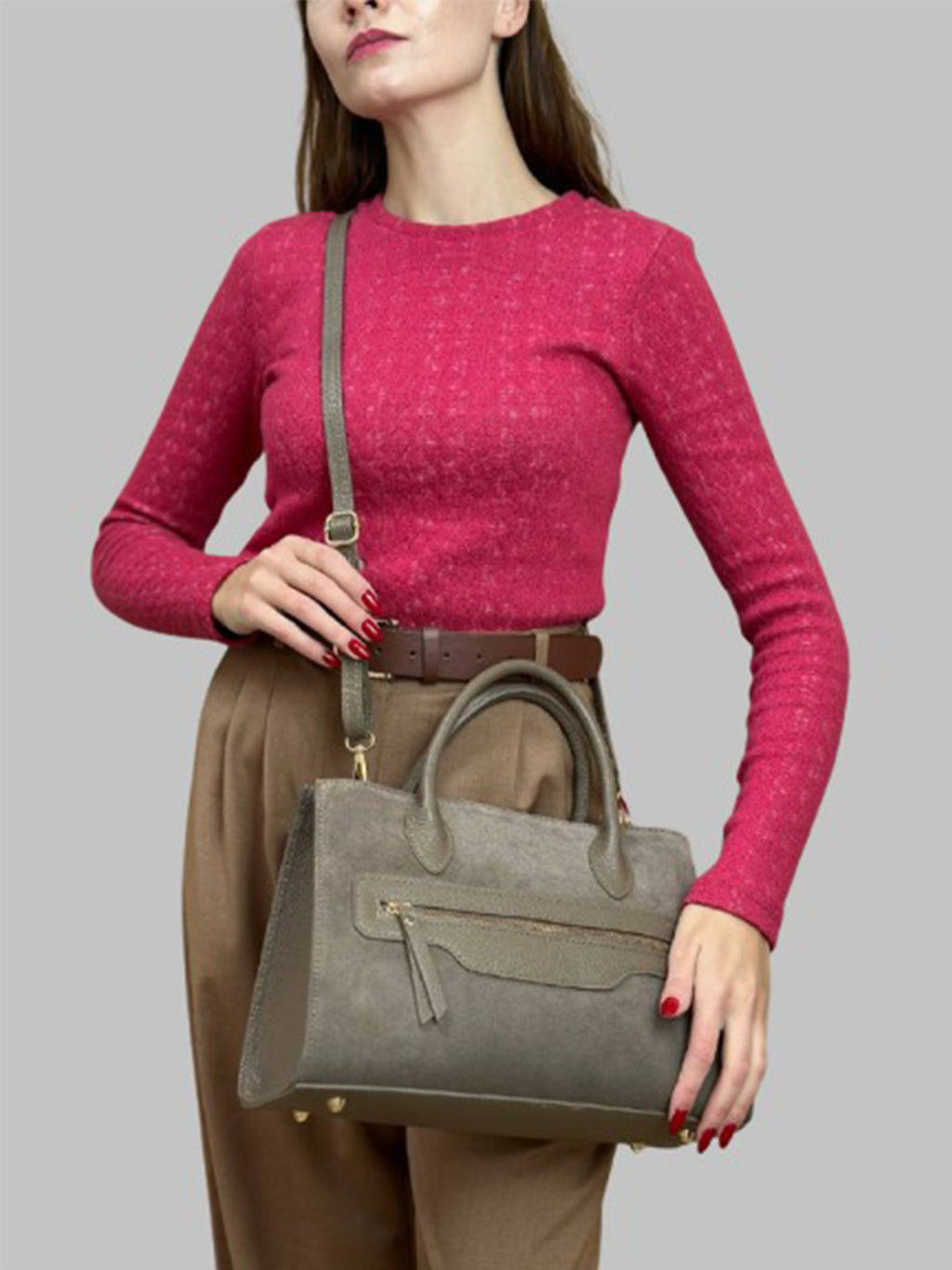 Bolso de mano de piel italiana Gris, Marrón 8230-104-47