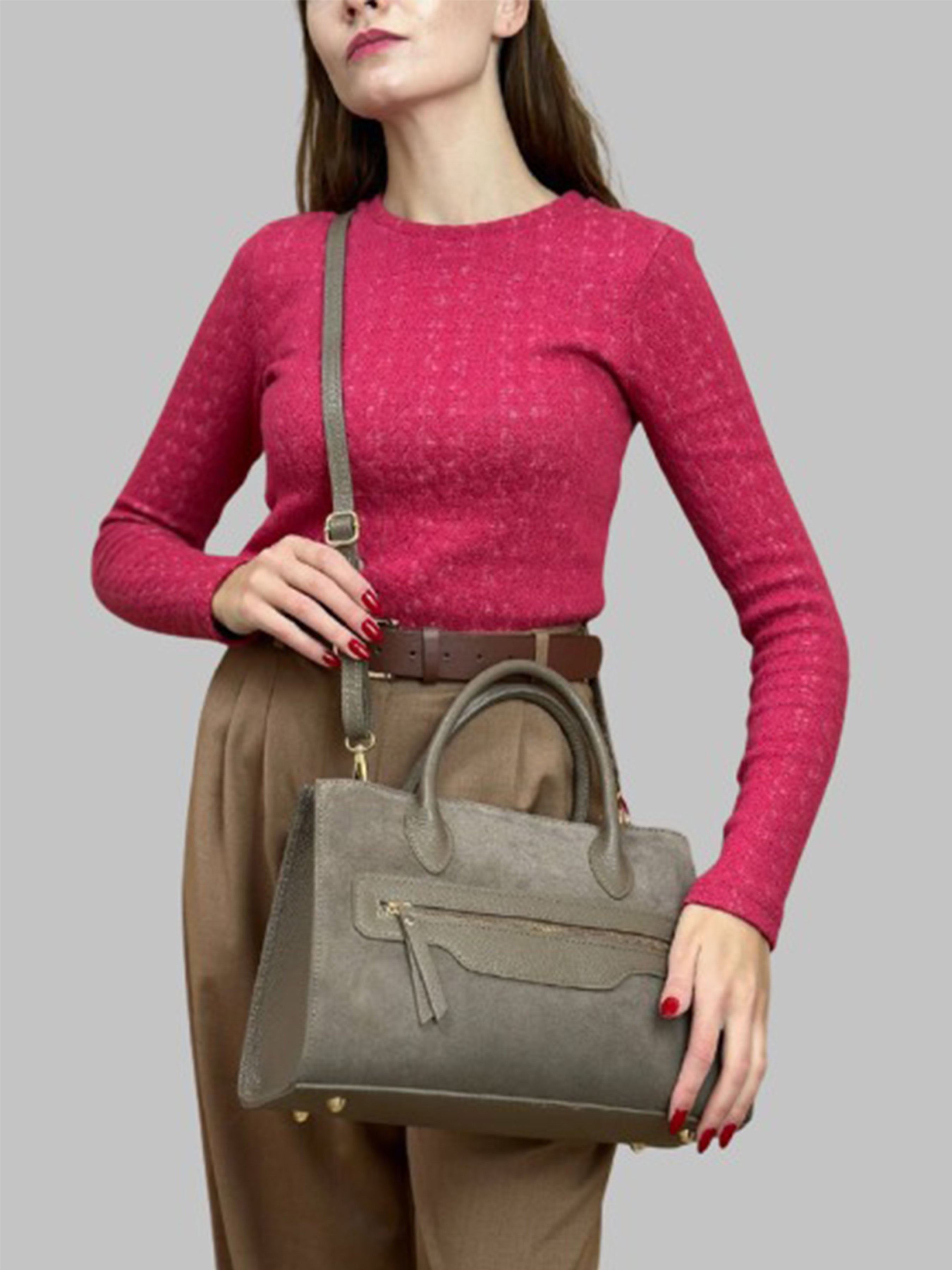 Bolso de mano de piel italiana Gris, Marrón 8230-104-47