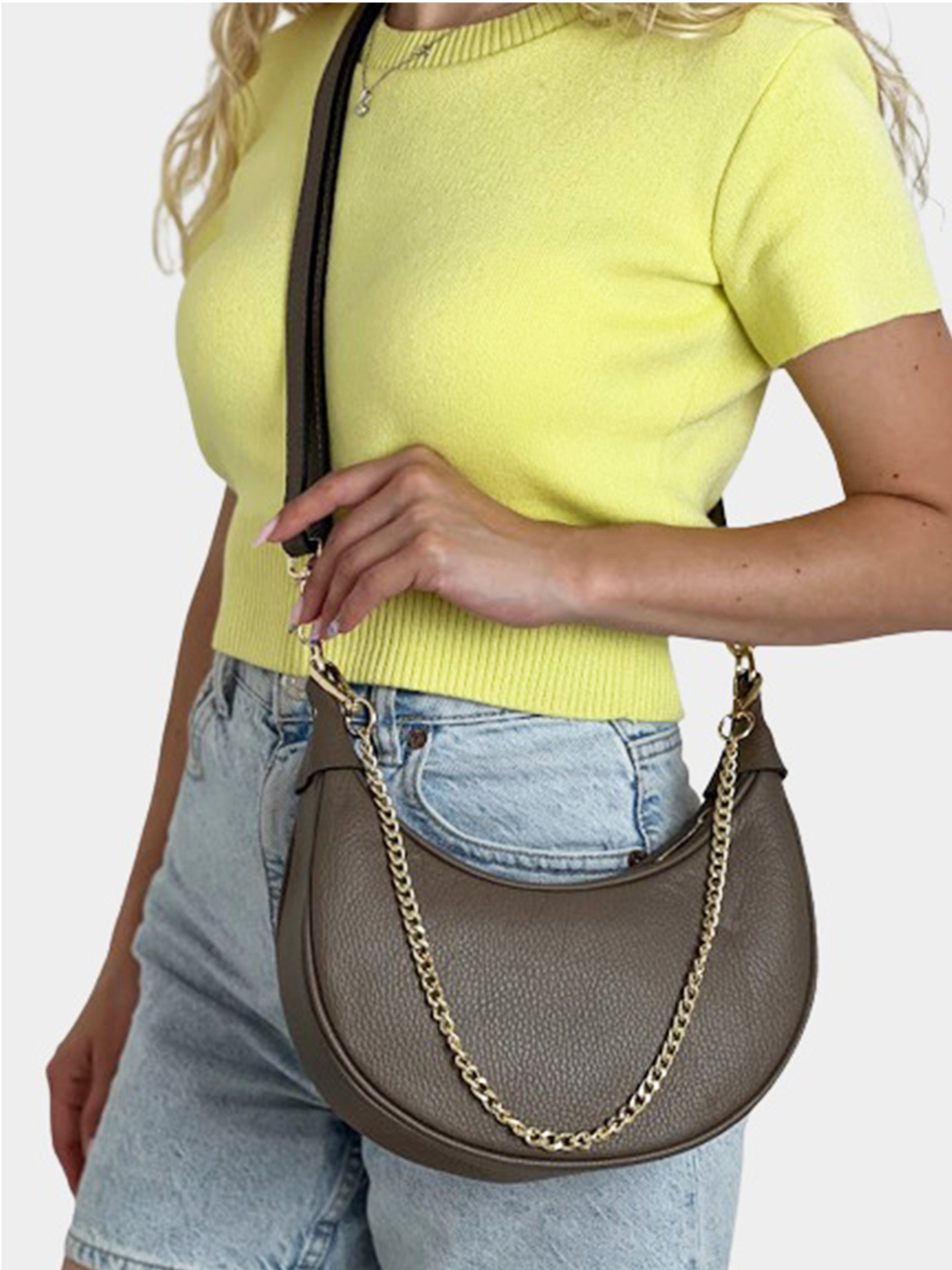 Bolso de hombro de piel italiana Gris, Marrón 5100-104-32
