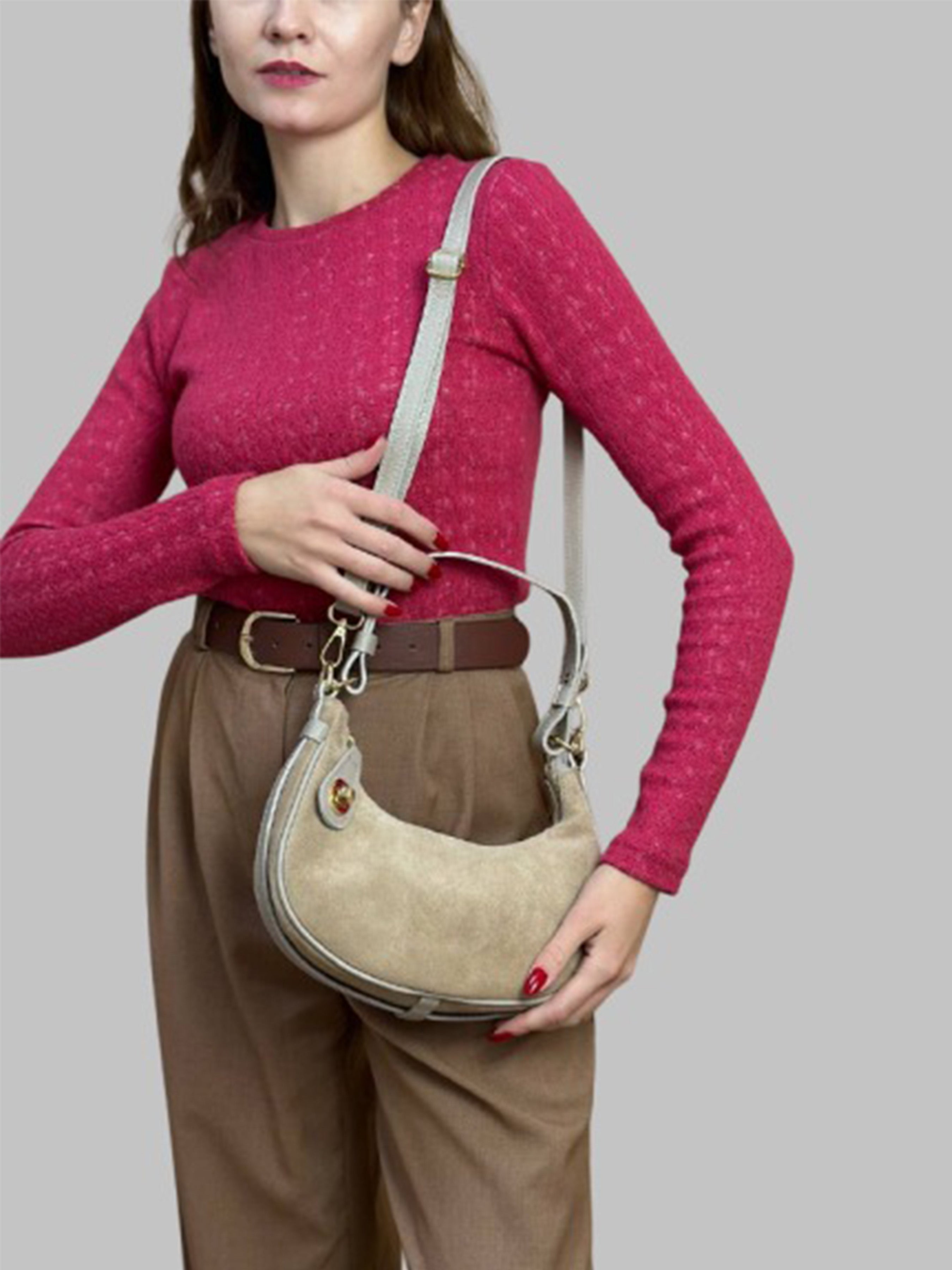 Bolso de hombro de piel italiana Beige 4141-11-47