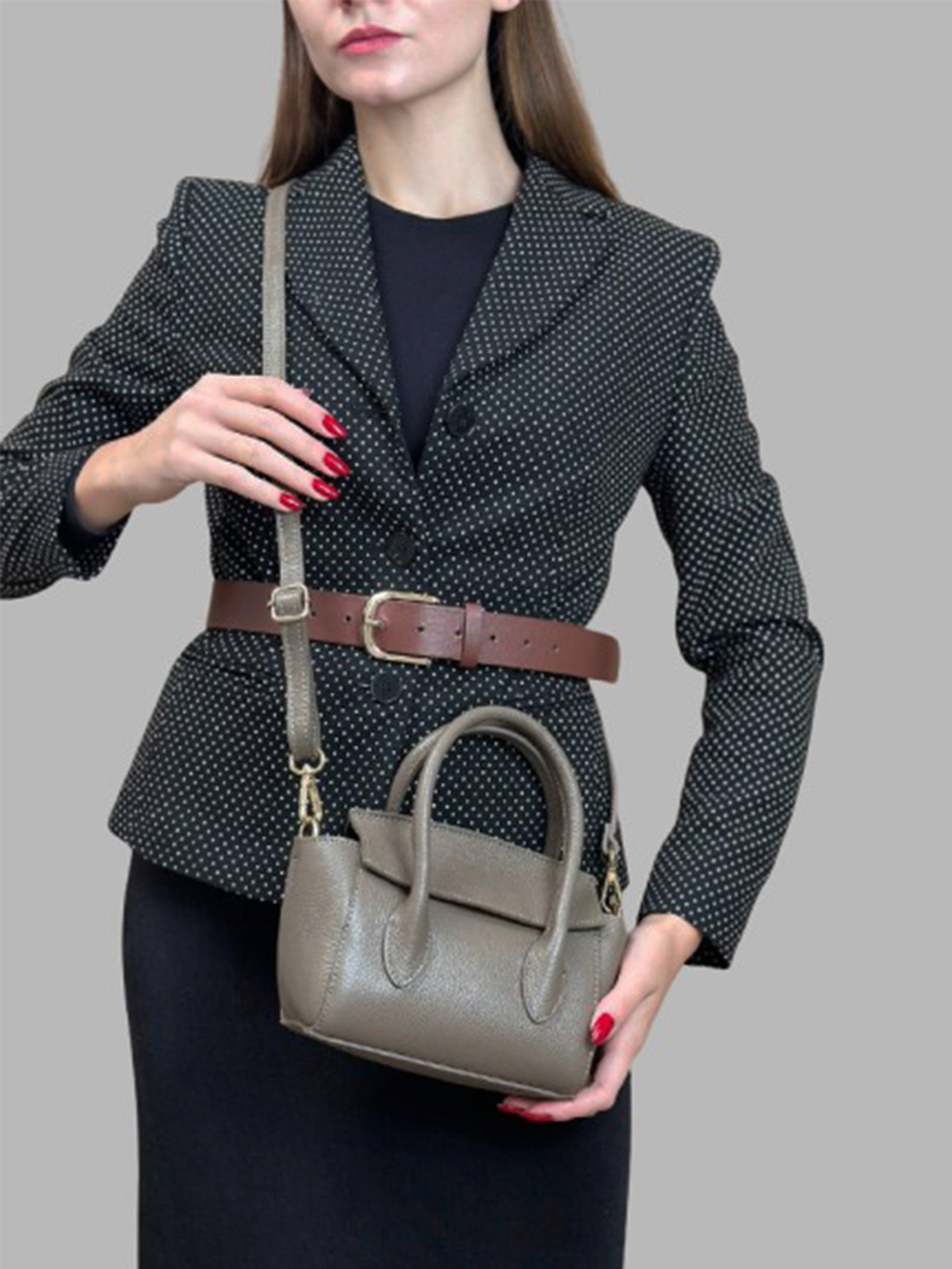 Bolso de mano de piel italiana Gris, Marrón 3458-104-32