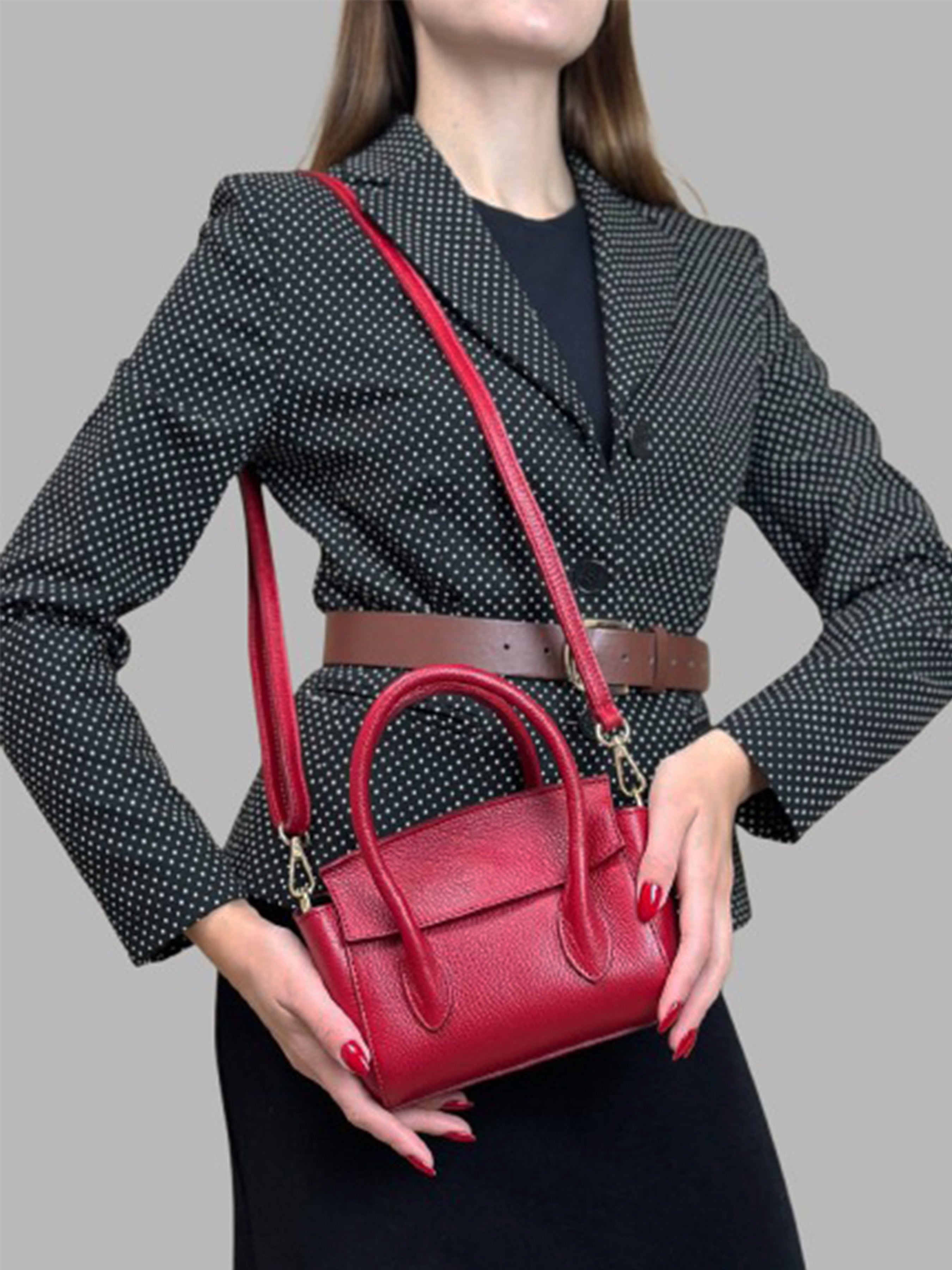 Bolso de mano de piel italiana Burgoña 3458-12-32