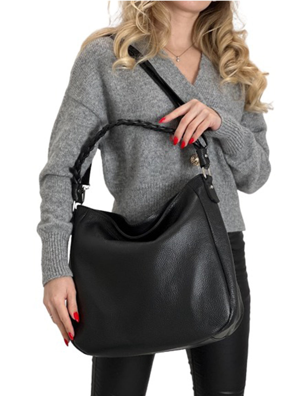 Bolso de hombro de piel italiana Negro 3691-05-32