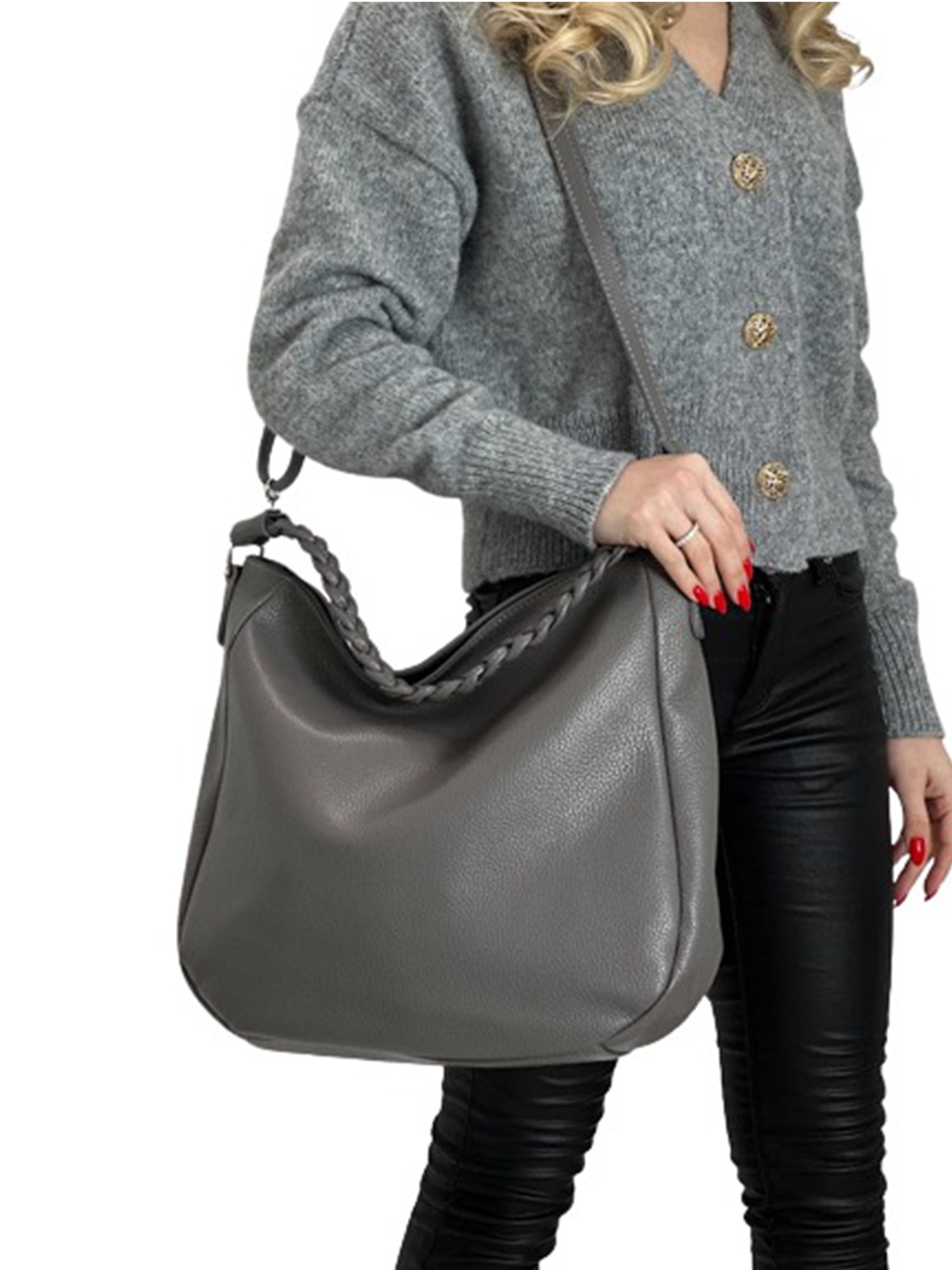 Bolso de hombro de piel italiana Gris, Beige 3691-98-32