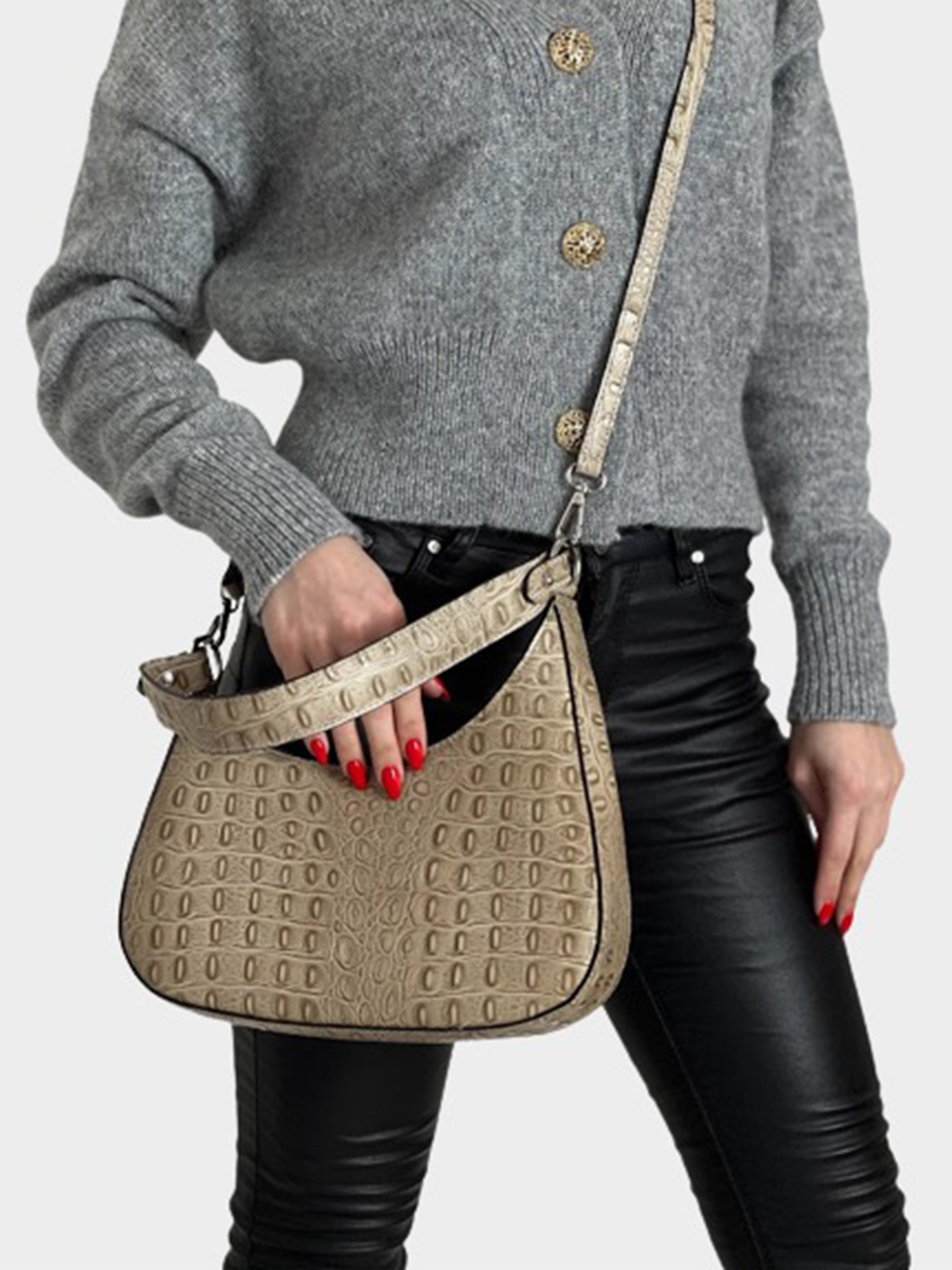 Bolso de hombro de piel italiana Gris, Marrón 8027-104-36