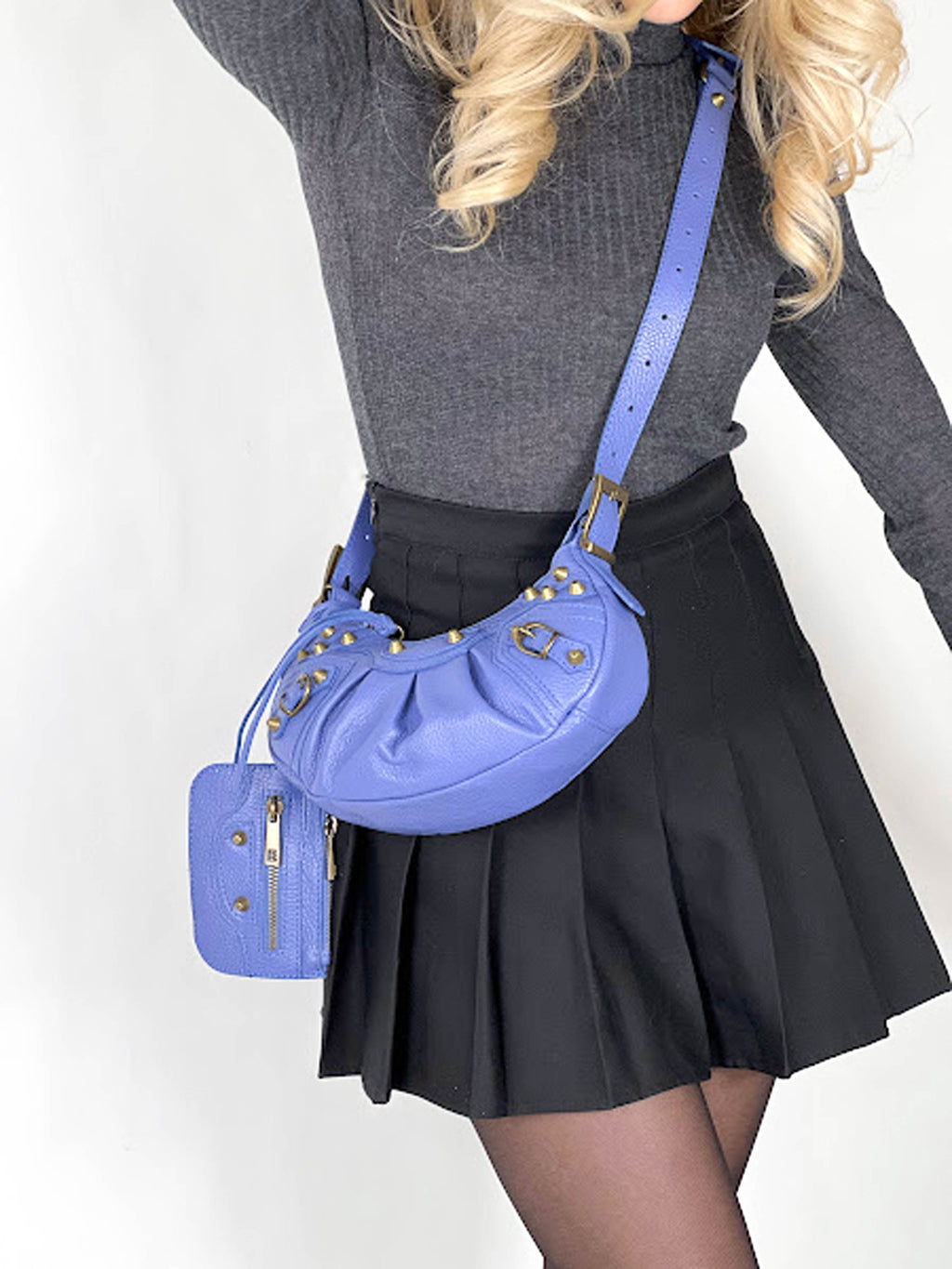 Bolso de hombro de piel italiana Azul 5122-07-32