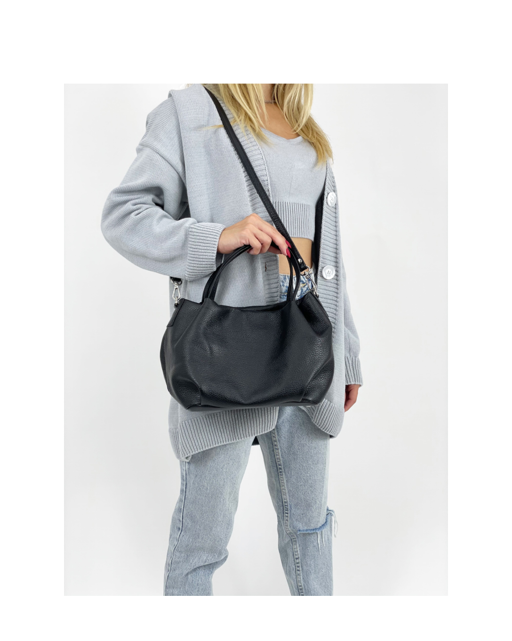 Bolso de mano de piel italiana Campanula Negro