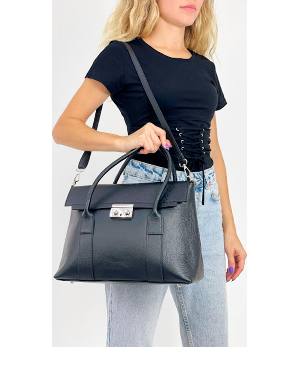Bolso de mano de piel italiana Armonico Negro